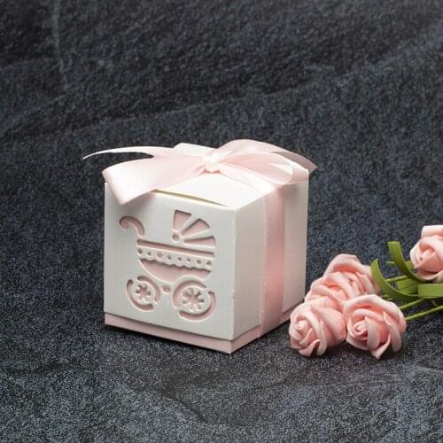 10pcs Hollow Baby Carriage Design Favors Gifts Candy Boxes With Ribbon Baby Shower Wedding Party Supplies 6*6*6cm