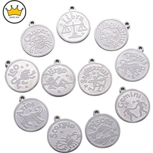 12pcs/Set 304 Stainless Steel 12 Constellations Charms Round Connector Pendants DIY Jewelry Findings charms for jewelry