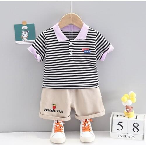 2021 new summer British boys' striped short sleeve 2-piece childrens cotton fashion Polo suit Crew neck