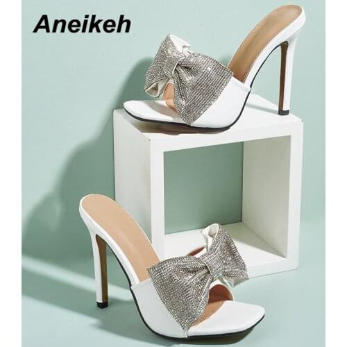 Aneikeh 2021 New Fashion Square Toe PU Crystal Bordered Butterfly-Knot High Heel Summer Women Shoes Solid Party Slippers 35-42