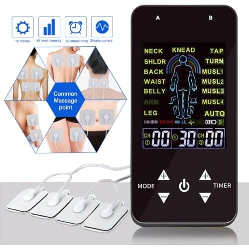 15 Modes EMS Tens Machine Digital Therapy Full Body Massager 4 Electrodes Pads Tens Device Unit Electric Stimulation Pain Relief
