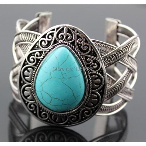 Womens Tibetan Silver Teardrop-shaped Water Drop Stone Cuff Bangle Bracelet Gift MB122