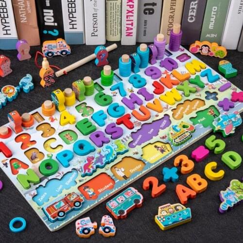Wooden Number Puzzles Toddlers Montessori Toys for Kids Letter Vehicle Fishing game Counting Blocks Sorting Preschool Stacking