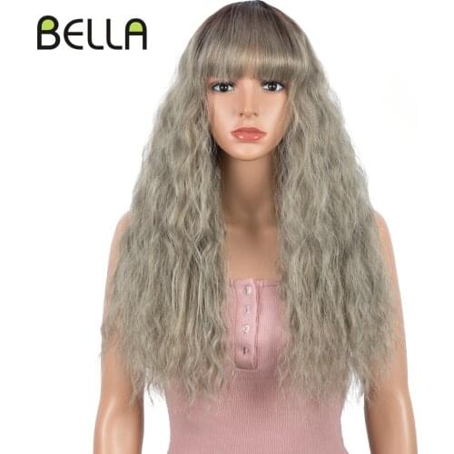 Long Synthetic Water Wave Wigs With Bangs 22"Natural Curly Dark Brown Wigs for Women Cosplay Wigs Heat Resistant Fiber Wigs Gray