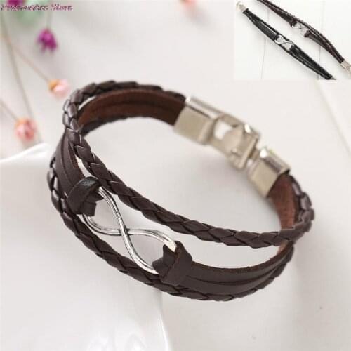 Women Bracelets Hand Braided Charms Bracelets Black Brown Infinity Leather Rope Bangles Bracelet 20cm