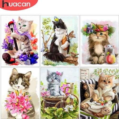 HUACAN 5D Diy Diamond Painting Kits Animal Cat Embroidery Cross Stitch Rhinestones Picture Decoration For Home