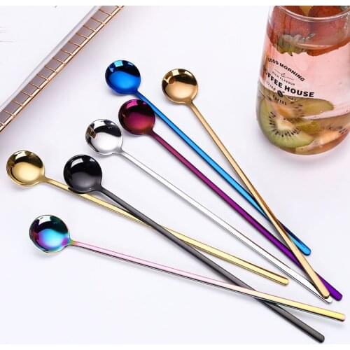 New Long Handle Round Spoon Milk Tea Coffee Stirring Scoop Stainless Steel Coffee Spoon Dessert Spoon Cafe Kitchen Tableware