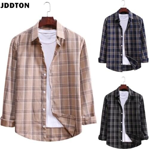 JDDTON New Mens Lattice Shirts National Long Sleeve Hoodie Casual Breathable Japanese Style Shirt Male Retro Shirt JE683
