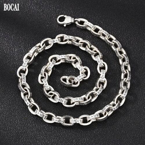 BOCAI 100% S925 Silver Jewelry Fashion Personality 8.5MM Six-character Mantra Trap 8.5mm Trend Good Luck Man and Woman Necklace