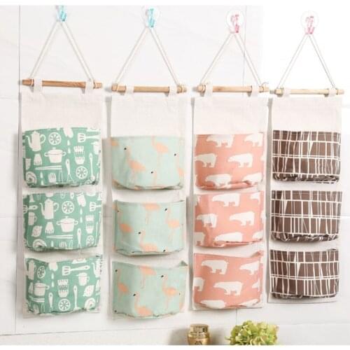 Flamingo Cotton Linen Hanging Storage Bag 3 Pockets Wall Mounted Wardrobe Hang Bag Makeup Jewelry Cosmetic Toys Organizer Pouch