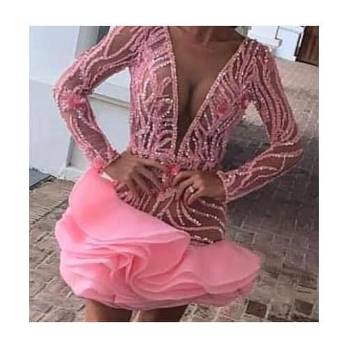 Pink South African Cocktail Dresses Sheath V-neck Long Sleeves Short Mini Beaded Elegant Party Homecoming Dresses
