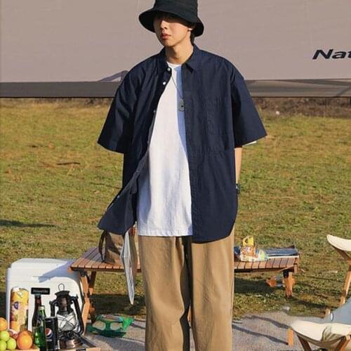 Summer Vintage Shirts for Men Fashion Designer Loose Casual Shirt Jacket Japanese Fashion Solid Color Couple Short Sleeve Top