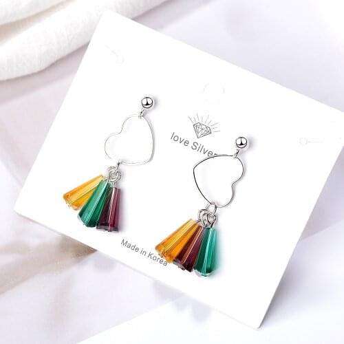 925 Sterling Silver Love Heart Colorful Cylindrical Crystal Rainbow Tassel Earrings For Women Fashion Gifts S-E659