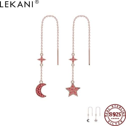LEKANI 925 Sterling Silver Jewelry Dazzling CZ Star Moon Asymmetry Earrings For Women Trendy Tassel Rose Gold Drop Earring