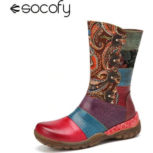 SOCOFY Retro Stitching Multicolor Printed Women Shoes Leather Buckle Decor Comfy Side Zipper Mid-calf Flat Boots Winter Fashion