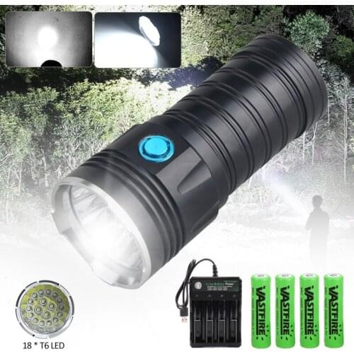 Super Bright 18xT6 USB Rechargeable LED Flashlight White Light Torch Lanterna with USB output Mobile Power+4 Battery+Charger