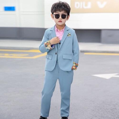 Flower Boys Light Blue Wedding Suit Kids Prom Party Tuxedo Dress Childrens Day Pinao Performance Costume school uniform