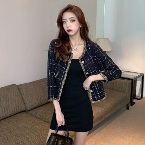 French retro navy blue plaid short Womens small fragrance jacket tweed plaid cardigan High quality temperament blouse Female