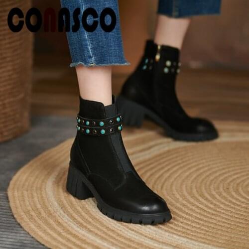 CONASCO 2021 Women Ankle Boots Autumn Winter Warm Genuine Leather Casual Shoes Metal Decoration Rivets Consise Woman Boots