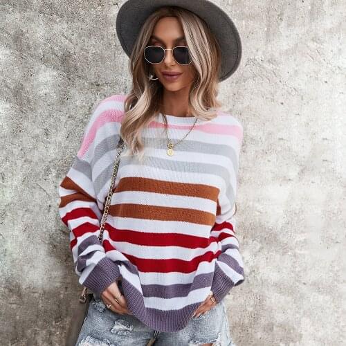 Pullovers Women 2021 Autumn New Stripe O-Neck Casual Soft Outwear Harajuku Loose Jumper Knitted Oversize Rainbow Sweater
