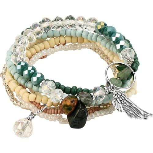 Women Bohemian Multi Layers Alloy Rice Beaded Bracelet Wing Natural Stone Pendant Ladies Layered Hand Chain Jewelry
