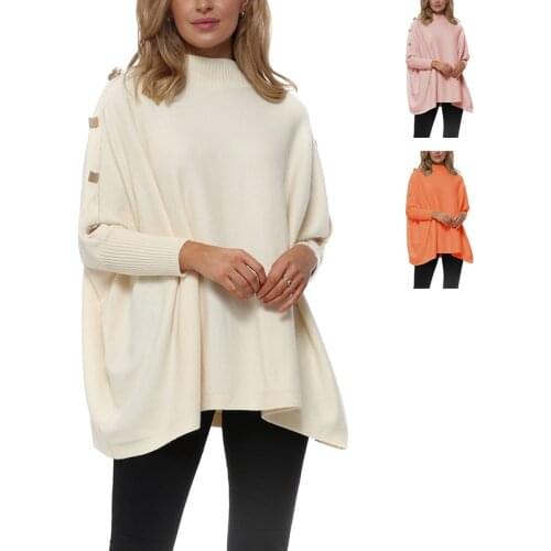 Autumn Winter Loose Knitwear Women Bat Sleeve Shoulder Button Turtleneck Sweaters Women Jumper Soft Warm Pull Femme