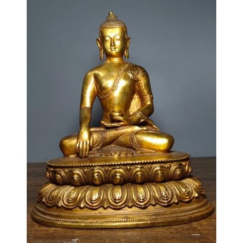 11" Tibet Buddhism Old Bronze Gilt Shakyamuni Buddha Medicine Buddha Sitting lotus Amitabha Enshrine the Buddha