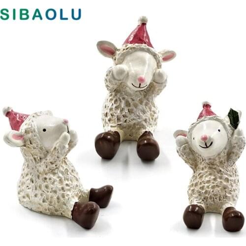 3pcs Christams Animal No See Listen Sheep Miniature figurine Home Decoration Mini Fairy Garden statue Resin craft toy ornaments