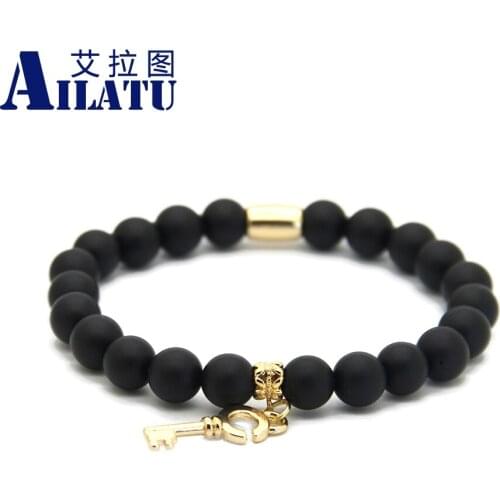 Ailatu 8mm Real Matte Onyx Beads with Key Pendant Bracelet Stone Jewelry