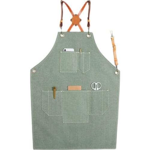 Green Canvas Apron Leather Strap Barista Bartender Baker Chef Waitstaff Uniform Hairdresser Barber Florist Painter Work Wear K46
