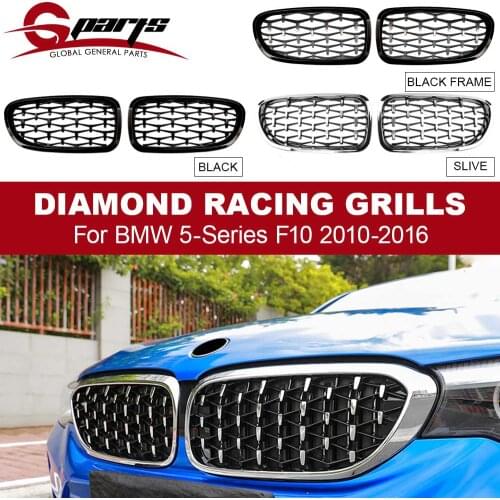 G-Parts One Pair Sliver/Black Diamond Kidney Grilles Grille Chrome Front Bumper For BMW 5 Serise F10 F11 F18 520I 528I 2010-2016