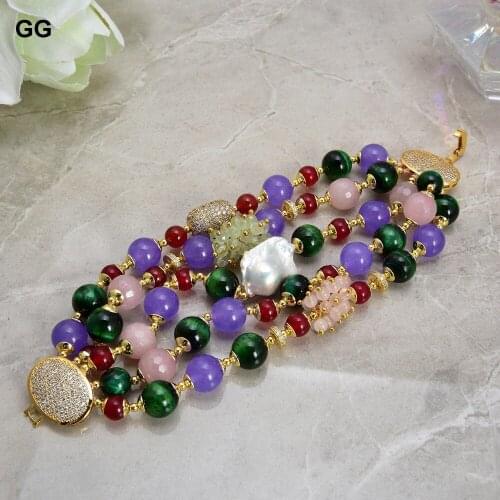 GuaiGuai Jewelry 8'' 5 Strands Freshwater Keshi Pearl Peridot Rose Quartz Jade Bracelet