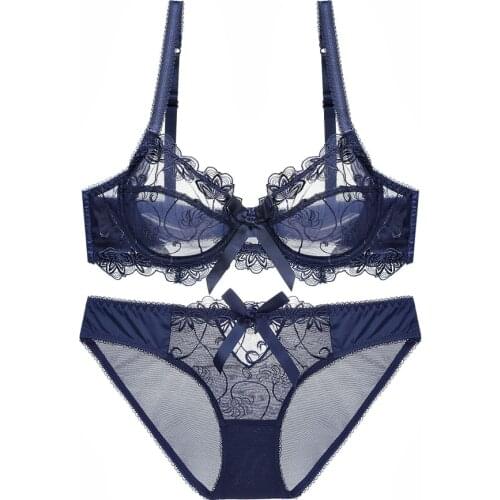 JUVA Sexy Sheer Embroidery Lace Bra Panty Set Womens Lingerie Transparent Plus Big Size Bra & Brief Sets B C D Cup Wire Bra Set