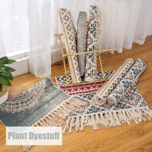 Cotton Linen Boho Carpet Mats Living Room Bedroom Rugs Entrance Carpets Retro Ethnic Kitchen Bathroom Tassel Mats Decoration