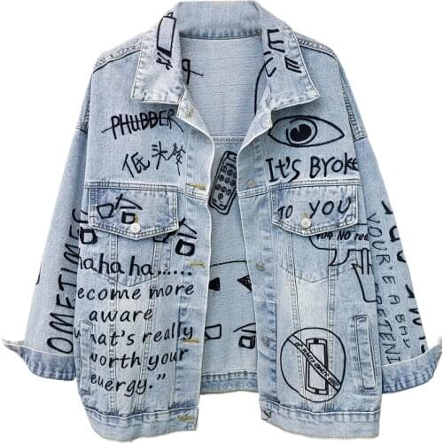 Autumn Women Jeans Jacket Harajuku Fashion Graffiti Embroidery Hip Hop Denim Coat Pocket Loose Outerwear Female Streetwear H1243