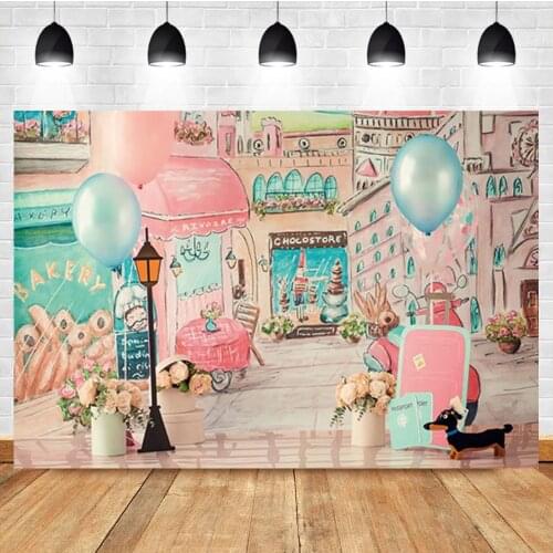 Laeacco Cartoon Pink Castle Watercolor Balloon Flower Newborn Birthday Photo Background Photography Backdrop For Photo Studio