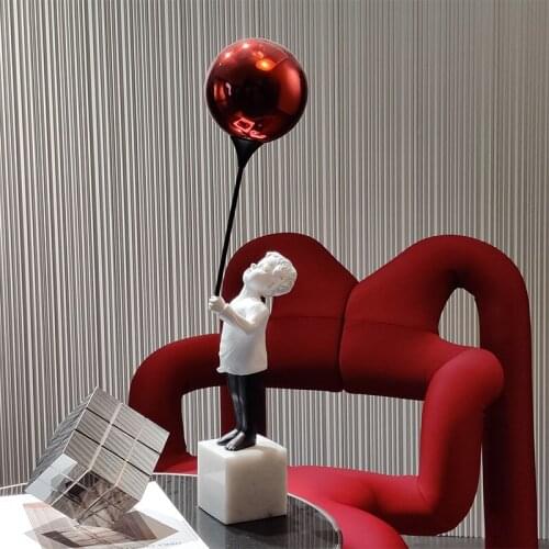 Little Boy Stand On Marble Hold Red Balloons Look Up To The Sky Home Decor Accessories Figurine Living Room Ornament Office Gift