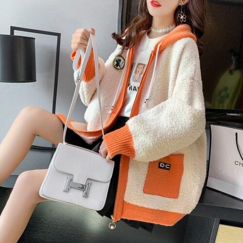 Fashion Fleece Sweater Coat Womens Loose Korean Wind Autumn And Winter 2021 New Splicing Knitted Cardigan Women Jacket Tops