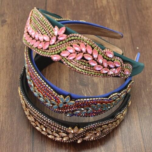 New Vintage Handmade Pink Blue Crystal Full Colorful Rhinestones Headdress Flower Luxury Headpiece Accessories For Women Wedding