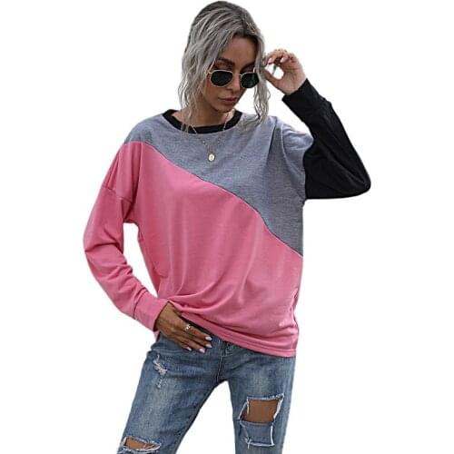 Autumn Contrast Color Patchwork Long Sleeve O Neck Casual Loose Hoodies Women Streetwear Pullovers Fashion Tops