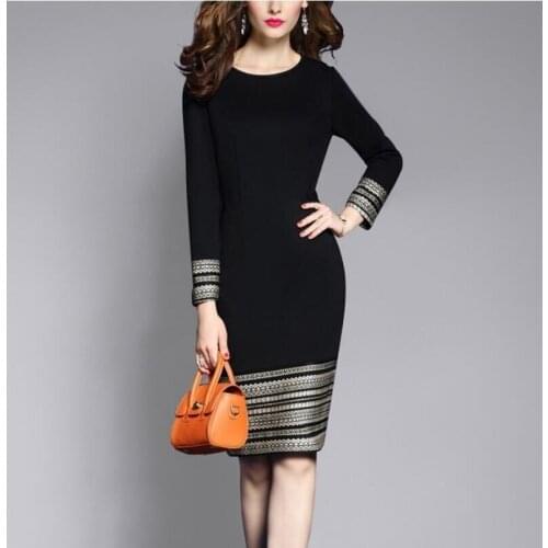 2021 autumn/winter print long sleeve round-necked professional buttocks pencil dress