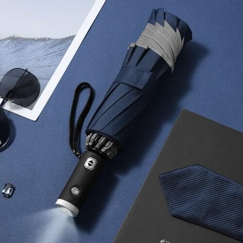 Pongee LED Umbrella Automatic Led Light Umbrella Reflective Stripe Reverse Umbrella Three Folding Inverted 10 Ribs Umbrella
