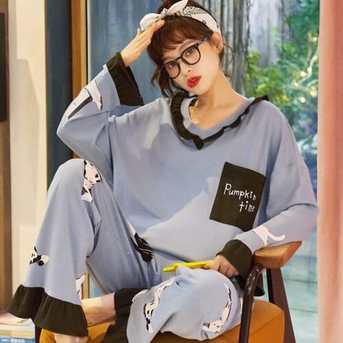 Casual Loose Long Sleeve Warm Pijamas Full Cotton Women Pajamas Set Cute Color Matching Pijamas Kawaii Print Girls Home Clothes