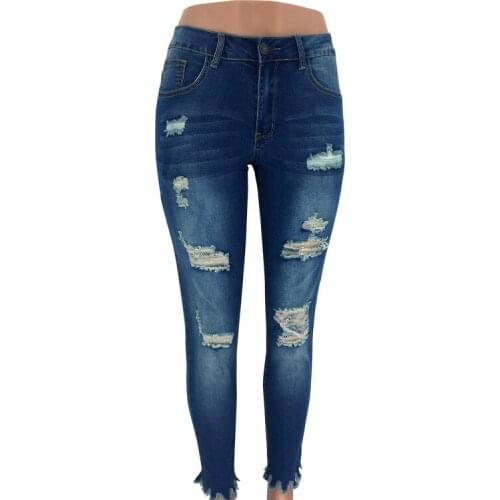 Casual Jeans Ladies Mid-waist Tight-fitting Pencil Blue Jeans Ripped Nine-point Slim-fitting Tight Sexy Pencil Pants