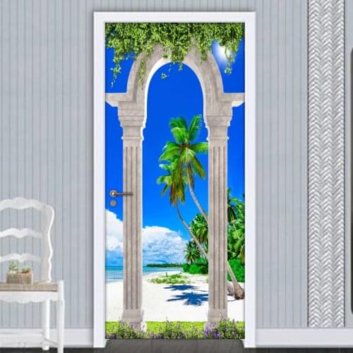 PVC Self-adhesive Door Sticker Wall Mural Roman Column Arches Beach Seascape 3D Photo Wallpaper For Living Room Bedroom Decor 3D