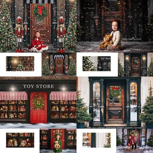 Christmas Backdrop Shop Door Christmas tree Wreath Snowflake Baby Children Photography Background Birthday Wood Decor Banner