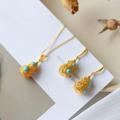 Natural Hetian Jade Turquoise Small Calabash Earrings S925 Sterling Silver Vintage Turquoise Turquoise Classic Auspicious Gourd