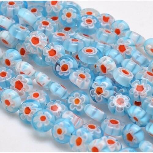 Handmade Millefiori Glass Bead Strands Flat Round Single Flower Design Beads For DIY Jewelry Making, 8x4mm, Hole: 1mm