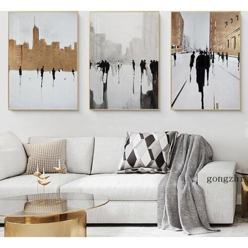 Street Pedestrian Abstract Landscape Poster Golden Canvas Painting and Prints Modern Wall Art Picture for Living Room Home Decor