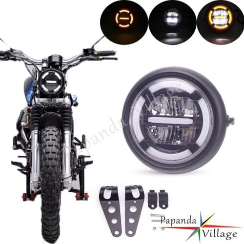 Universal Cafe Racer LED Headlight Amber White HI/LO DRL Running Light for Chopper Triumph Scrambler 28-42mm Mounting Bracket
